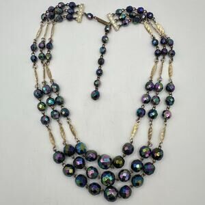West Germany vintage gold tone black AB glass 3 multi strand beaded necklace